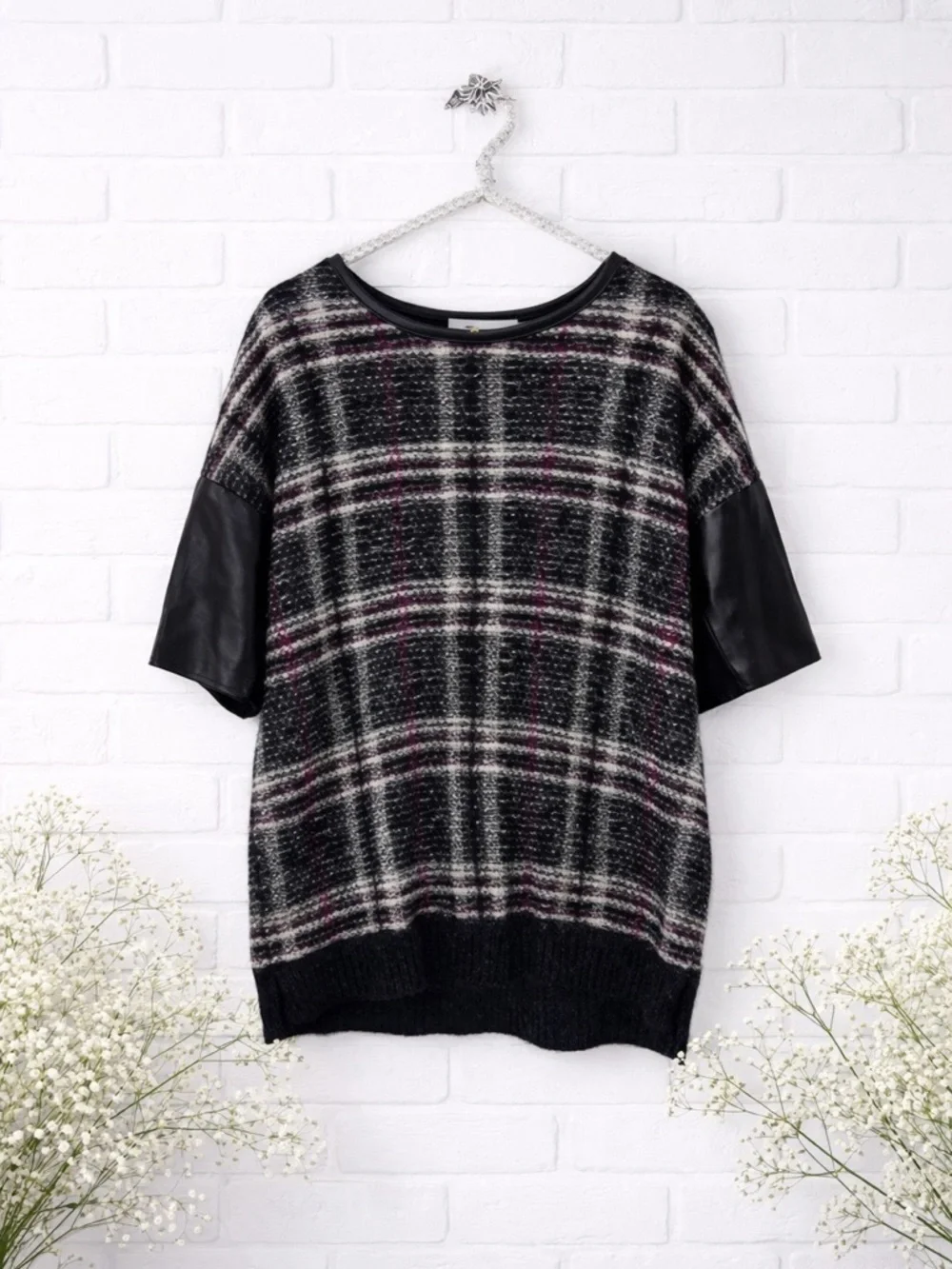 St John Plaid Mohair Wool Blend Leather Trim Short Sleeve Sweater Size L